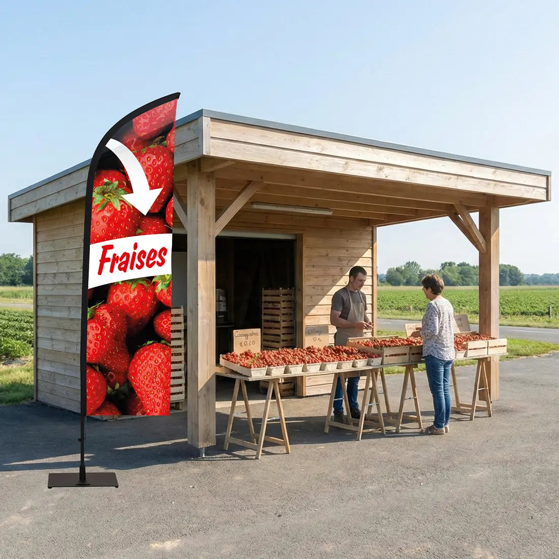 Drapeau oriflamme fraises marché
