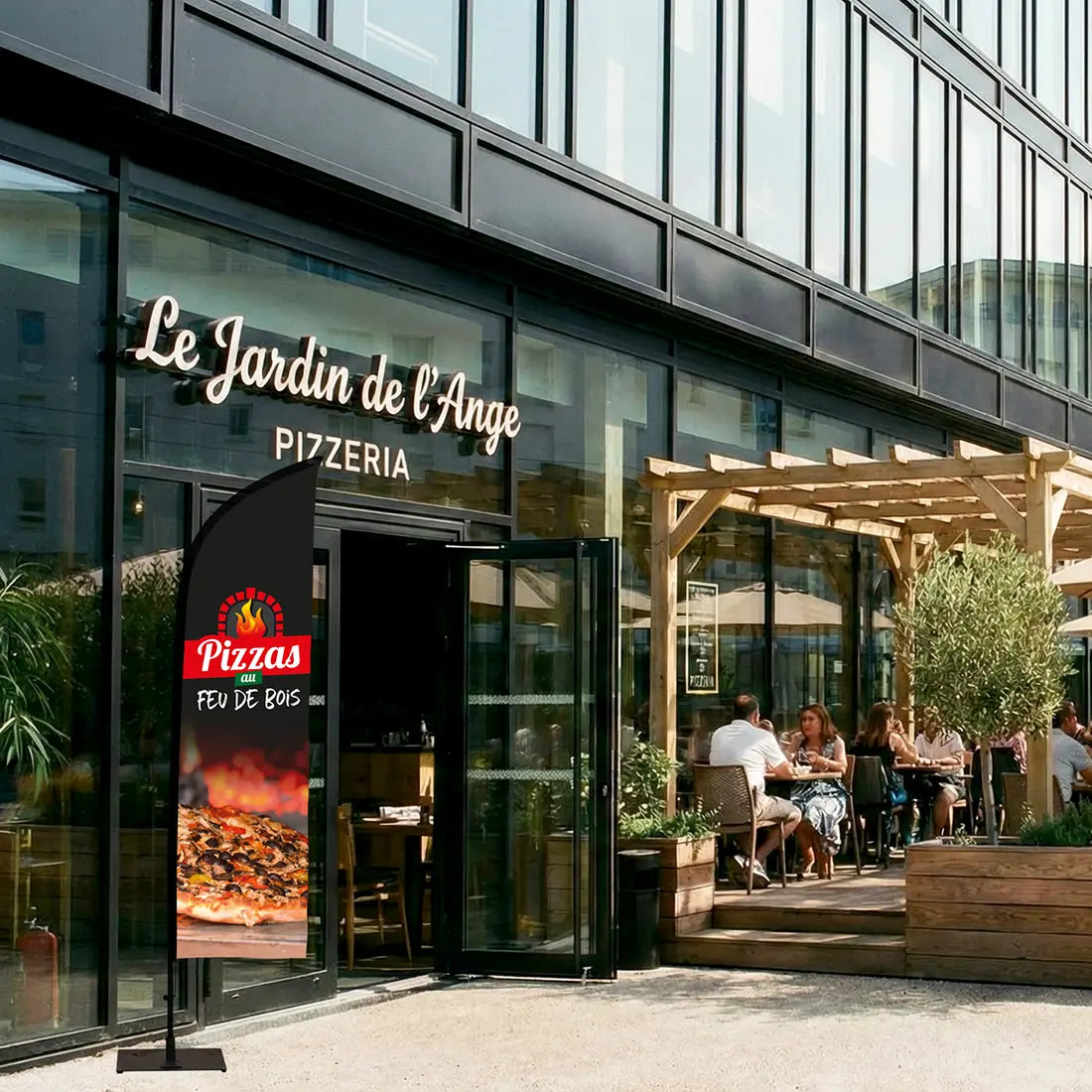 Drapeau pizzeria feu de bois extérieur