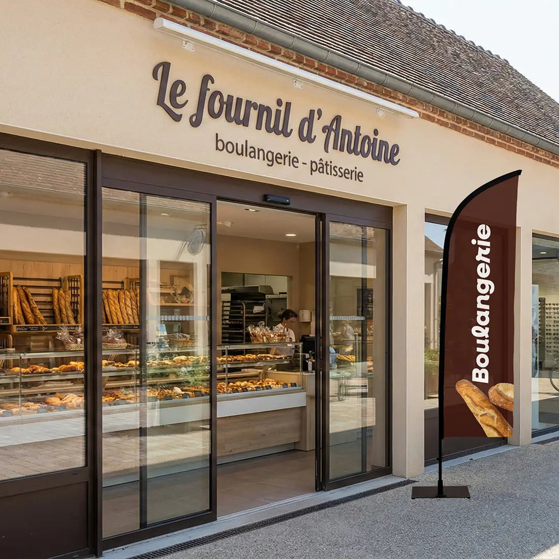 Drapeau pub boulangerie sur trottoir