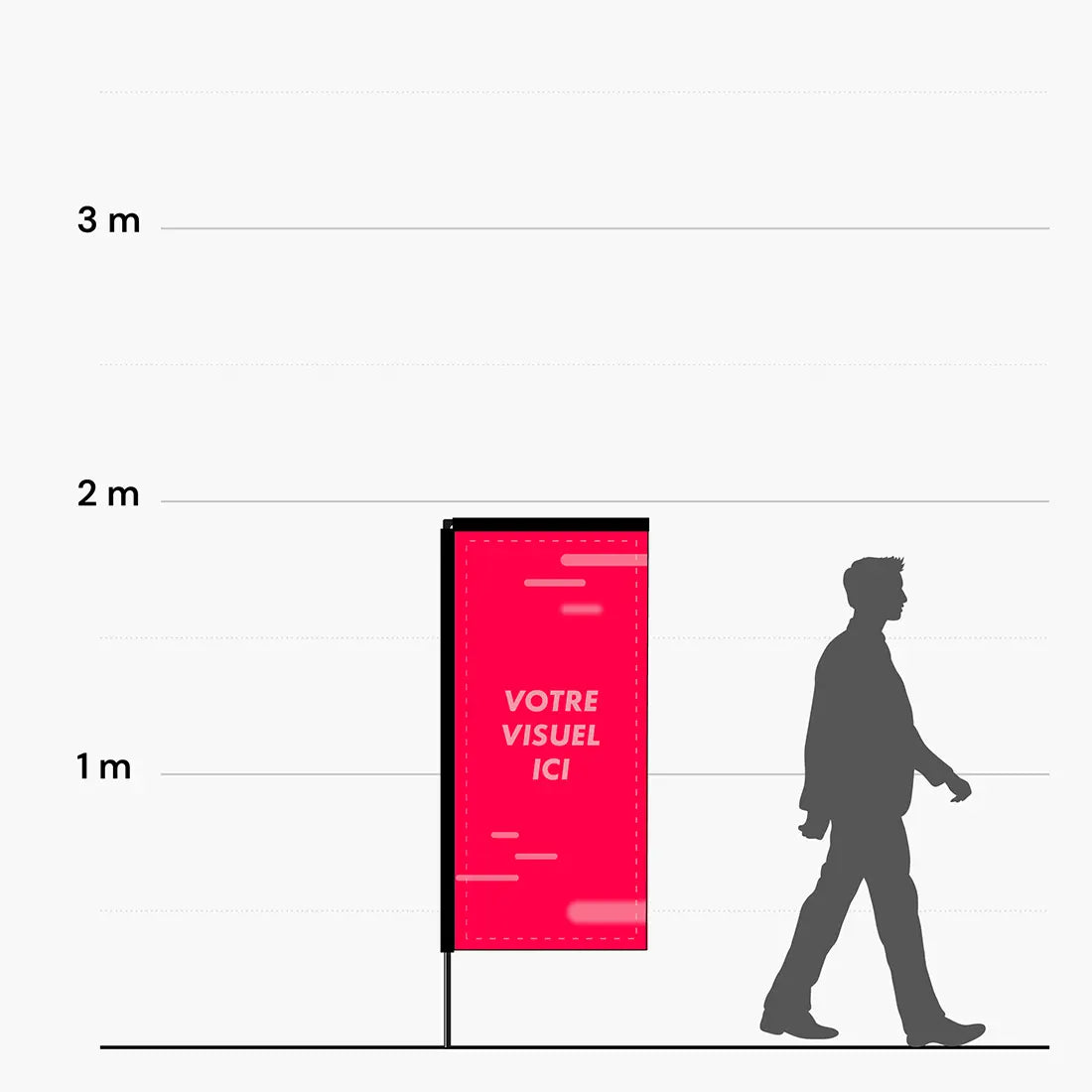 Hauteur de l'oriflamme rectangle 1,94 m comparée à une silhouette