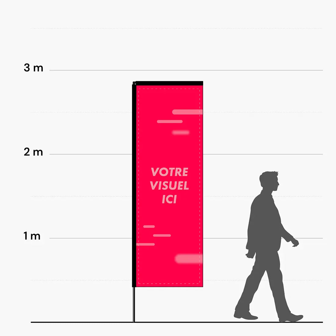 Hauteur de l'oriflamme rectangle 2,87 m comparée à une silhouette
