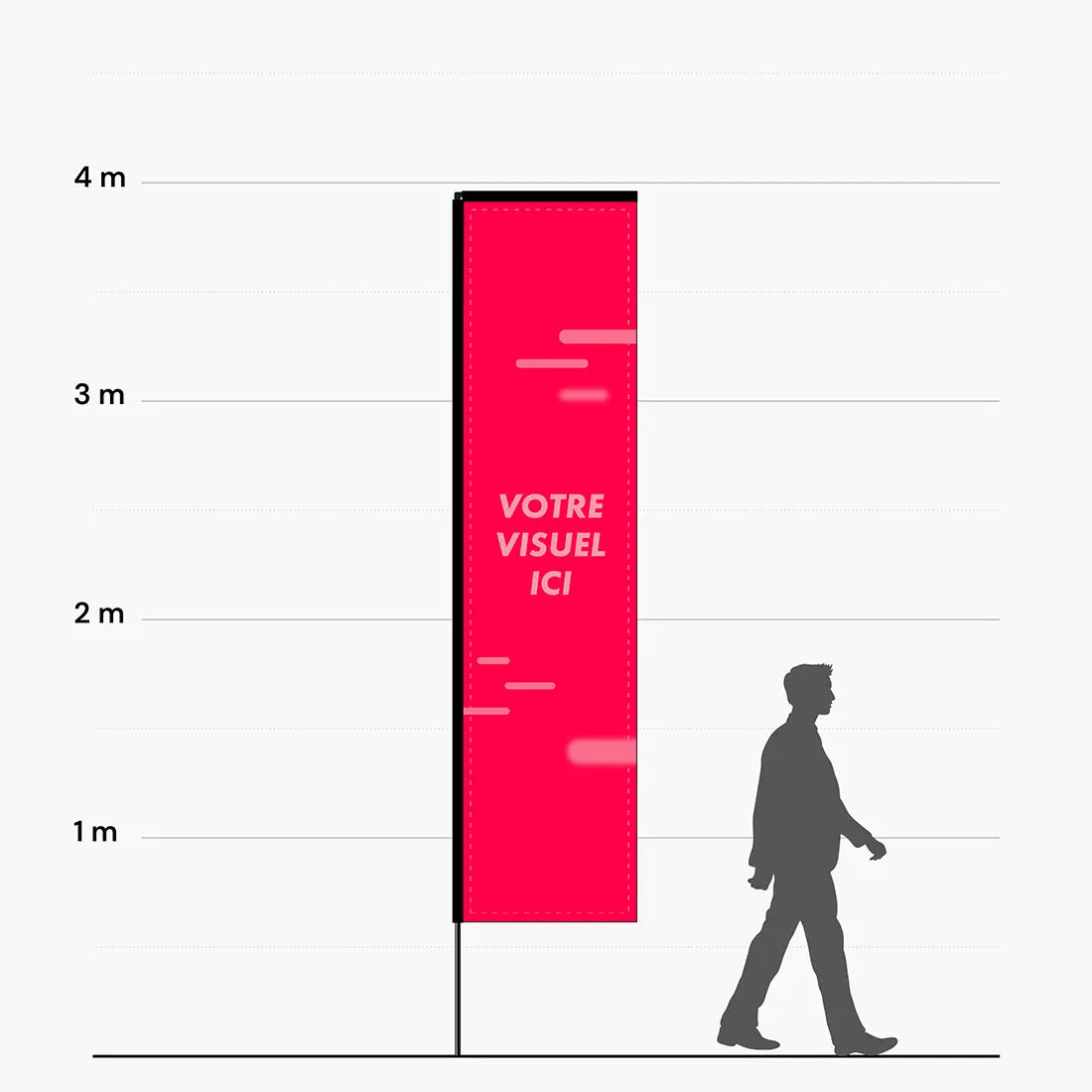 Hauteur de l'oriflamme rectangle 3,96 m comparée à une silhouette