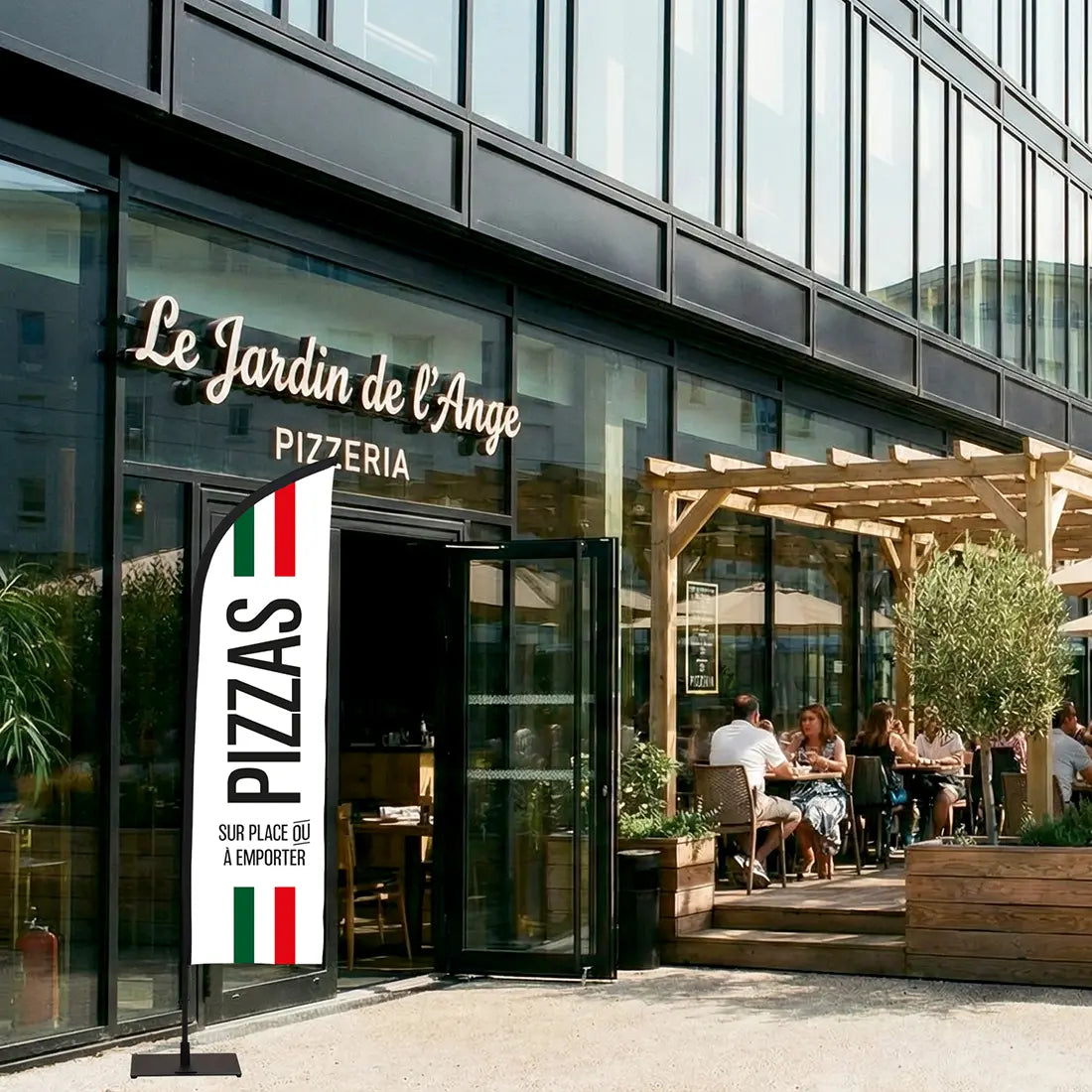 Oriflamme pizzas avec mât et embase